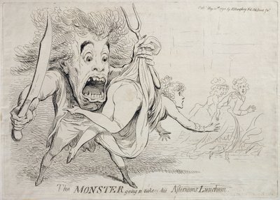Het monster gaat zijn middagmaaltijd nemen, uitgegeven door Hannah Humphrey in 1790 door James Gillray