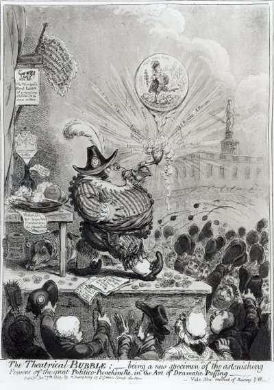 De theatrale bubbel... gepubliceerd door Hannah Humphrey (fl.1778-1822) 1805 door James Gillray