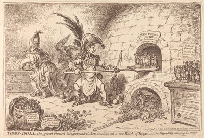 Tiddy-Doll, de grote peperkoekbakker, haalt een nieuwe partij koningen tevoorschijn door James Gillray