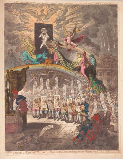 Titianus Redivivus of de Zeven Wijze Mannen die het nieuwe Venetiaanse Orakel raadplegen, een scène in Academic Grove Nr.1, uitgegeven 1797 door James Gillray