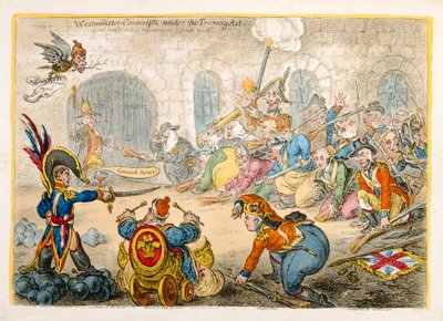 Westminster Dienstplichtigen onder de Opleidingswet, gepubliceerd door Hannah Humphrey in 1806 door James Gillray