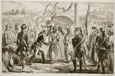 De ontmoeting van Lord Clive met Meer Jaffier, na de Slag bij Plassey, gegraveerd door Thomas Williams door James Godwin