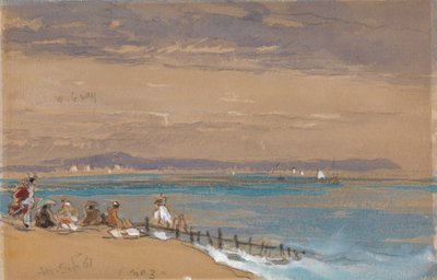 Strandscène met figuren bij een golfbreker door James Holland