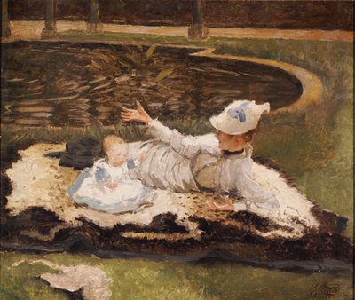 Mevrouw Newton met een kind bij een vijver door James Jacques Joseph Tissot