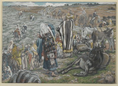 Bij terugkeer uit Jeruzalem wordt opgemerkt dat Jezus verloren is, illustratie uit Het leven van onze Heer Jezus Christus door James Jacques Joseph Tissot