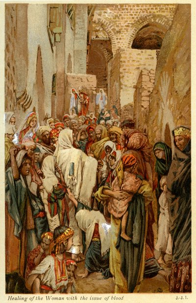 Genezing van de vrouw met bloedvloeiing - Bijbel door James Jacques Joseph after Tissot