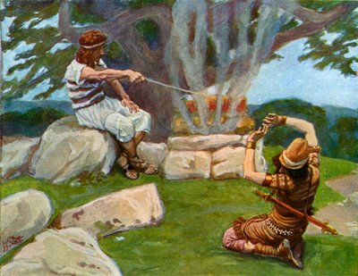 De engel legt vuur op het altaar van Gideon - Bijbel door James Jacques Joseph after Tissot