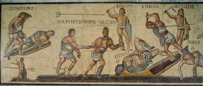 Een Romeins mozaïek dat gladiatoren toont die vechten met verschillende wapens. Galleria Borghese door James L Stanfield