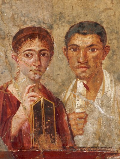 Romeins fresco gevonden in Pompeii toont een paar met schrijfgerei. Museo Archeologico... door James L Stanfield