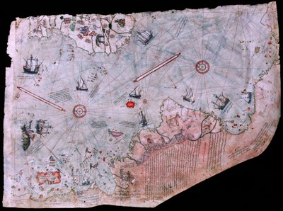 De kaart van Piri Reis Haritasi voltooid in 1513. TOPKAPI PALEIS MUSEUM, ISTANBUL, TURKIJE. door James L Stanfield