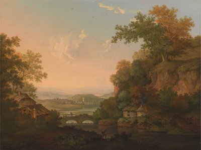 Een rivierscène met rieten hutten bij een brug over een stuw door James Lambert  of Lewes