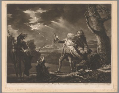 David Garrick als koning Lear met de graaf van Kent en Edgar vermomd als Tom in een stormachtig landschap door James McArdell