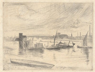 Dageraad in Battersea (Cadogan Pier), uit de Theemsreeks (een serie van zestien etsen met scènes aan de Theems en andere onderwerpen) door James McNeill Whistler