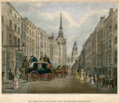 De Cambridge Coach verlaat Belle Sauvage Yard, Ludgate Hill, Londen door James Pollard
