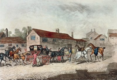 De postkoets wisselt van paarden, gegraveerd door R. Havell, 1815 door James Pollard