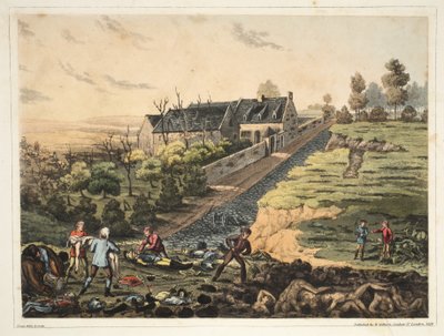 Een vooraanzicht van de boerderij bij La Haye Sainte door James Rouse