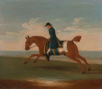 Een van vier portretten van paarden - een kastanjebruin renpaard getraind door een trainer in een blauwe jas: galopperend naar links, het paard draagt een blauwe zweetdeken en zadeldoek met gouden rand door James Seymour