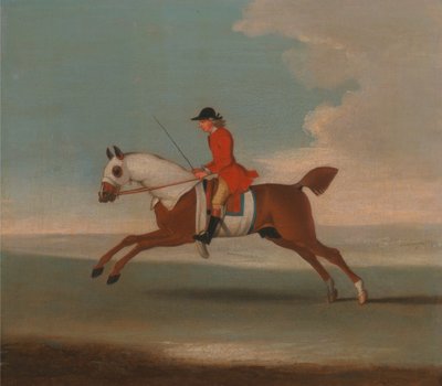 Een van de vier portretten van paarden - een voskleurig renpaard getraind door een trainer in een rode jas: galopperend naar links, het paard draagt witte zweetbedekkingen op hoofd, nek en lichaam door James Seymour