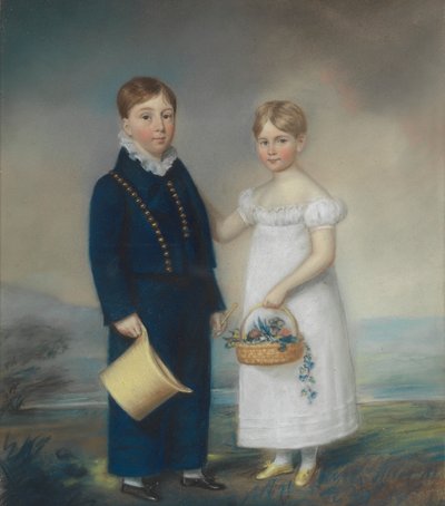 Jongen met een hoed en meisje met een mand bloemen, staande in een landschap door James Sharples