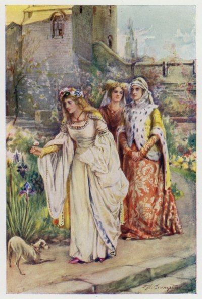 Want daar in de tuin liep de mooiste dame die hij ooit had gezien, scène uit The Kingis Quair door James Shaw Crompton