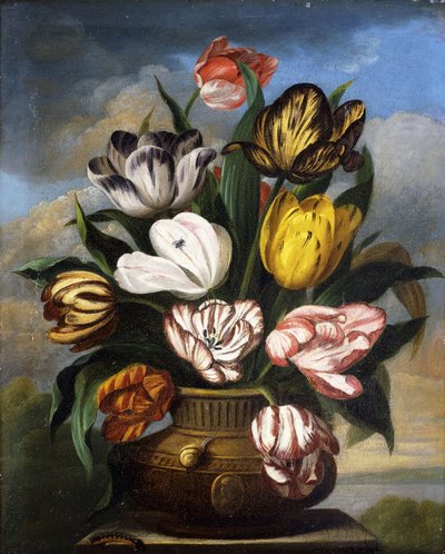 Tulpen in een Vaas, met een Rups, een Slak en een Vlieg, op een Sokkel in een Landschap, 1826 door James Sillett