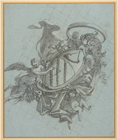 Een wapenschild met een hoorn en drie kettingen vastgehouden door een engel en twee putti door James Thornhill