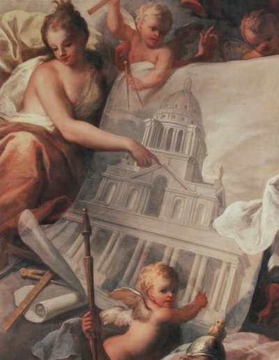 Plafond van de Painted Hall, detail met een tekening van de buitenkant van de Painted Hall door James Thornhill