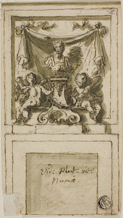 Ontwerp voor de bovenmantel van een schoorsteenmantel met buste van Pompilius Numa door James Thornhill