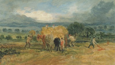 Een oogstscene met arbeiders die hooi op een boerderijwagen laden door James Ward