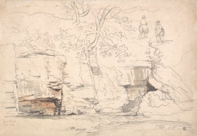 Rotsachtige heuvel met bomen en figuren door James Ward