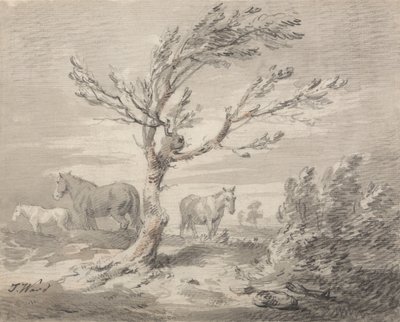 Landschap met drie paarden en een boom op de voorgrond door James Ward