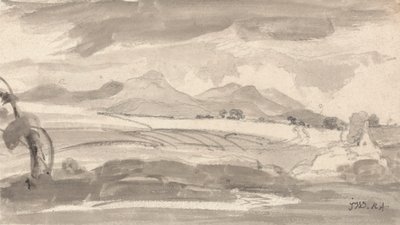 Uitzicht over velden naar verre bergen, met een huisje rechts door James Ward