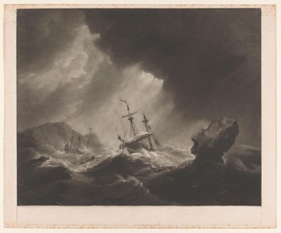 Storm op zee met schipbreuk en zinkend schip door James Watson (prentmaker)