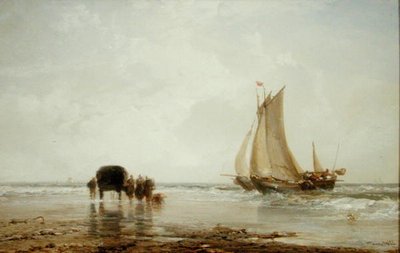 Op het Strand: Twee Vissersboten en een Groep Vrouwen door James Webb
