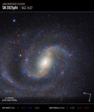 NGC 1637 – Compass-afbeelding door James Webb Space Telescope (NASA)