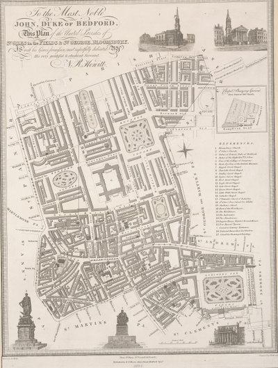Aan de meest nobele John, hertog van Bedford. Dit plan van de verenigde parochies van St. Giles in the Fields & St. George, Bloomsbury door James the Elder Wyld
