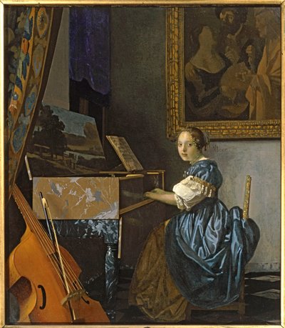 Een jonge vrouw zittend aan de maagdelijke ... (schilderij op doek) door Jan (1632-75) Vermeer