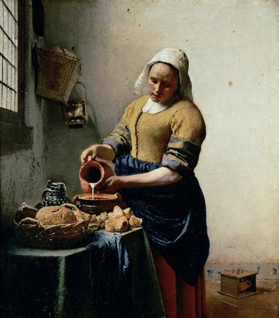 Het melkmeisje ... (schilderij op doek) door Jan (1632-75) Vermeer