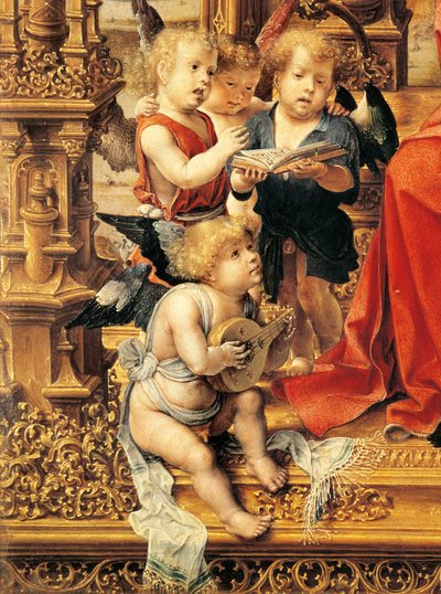Engelen die muziekinstrumenten bespelen, detail van centraal paneel van Malvern drieluik door Jan (c.1472 c.1533) Gossaert