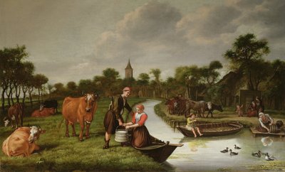 Rivierlandschap met een stel dat een melkbus draagt door Jan 1620 76 Victors