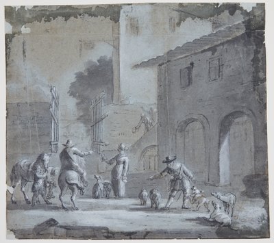 Byscene met een open poort, figuren en dieren door Jan Asselijn