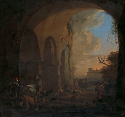Veedrijvers met vee onder een boog van het Colosseum in Rome door Jan Asselijn