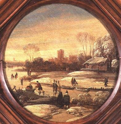 Een winterlandschap met schaatsers op een bevroren waterweg door Jan Asselyn