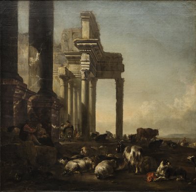 Italiaans landschap met boeren, vee en schapen bij klassieke ruïnes, ca. 1650s (olie op doek) door Jan Baptist Weenix