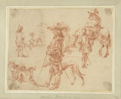 Blad met studies van jagers, paarden en honden door Jan Blom