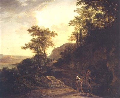 Een Italiaans bebost landschap met reizigers die een stroom oversteken op een bergpas door Jan Both