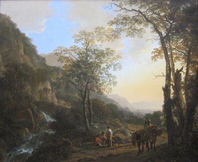 Dutch: Zuidelijk berglandschap met rustende herders An Italianate Landscape with Travelers on a Path door Jan Both
