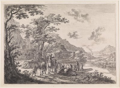 Landschap met wachtende reizigers en veerpont bij de oever van de Tiber door Jan Both