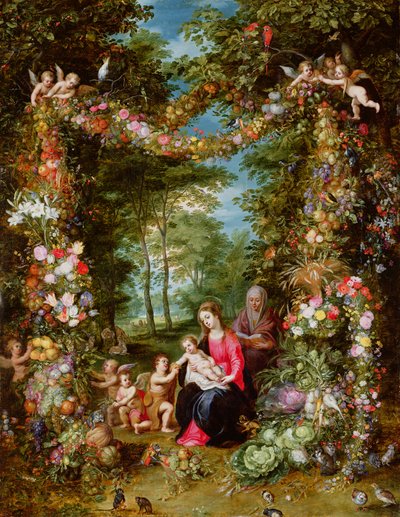 De Maagd en het Kind met de jonge Sint-Jan de Doper, Sint-Anna en engelen, omgeven door een krans van bloemen en fruit door Jan Brueghel the Elder
