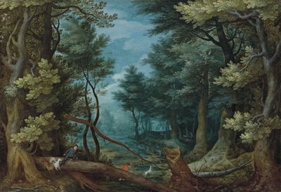 Een boslandschap met jagers die een hert achtervolgen door Jan Brueghel the Elder